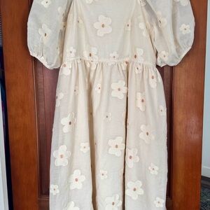 Polagram Womens White Lace Dress Size L Flower Cottagecore Peasant Puff Sleeve